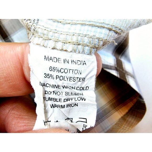 Prana Sz XL Mens Brown Gray Camel Blue Check Short Sleeve Neck Pocket Logo Shirt - Picture 6 of 13